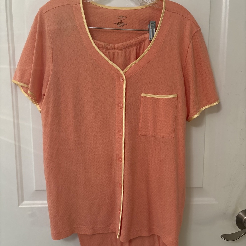 Peach 🍑 Cabernet Sleepwear Yellow Silky Trim 100% Cotton Shirt & Pants Size S